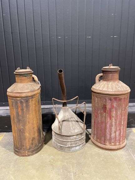 (2) Vintage Gas or Oil Cans and Large Funnel image