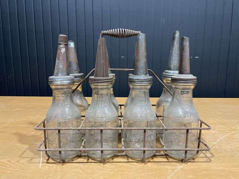 (8) Huffman Glass Oil Bottles with Carrier image