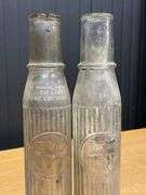 (8) Pure Oil Tiolene Embossed Glass Oil Bottles with (2) Carriers