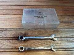 (3) John Deere Wrenches + Parts Box