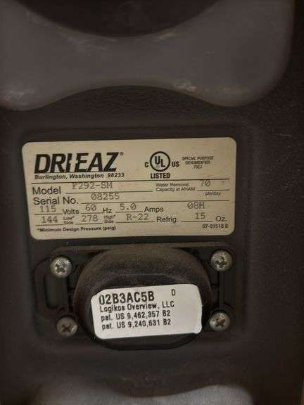 Drieaz Dehumidifier Console Model # F292-SM Total Hours 5577
