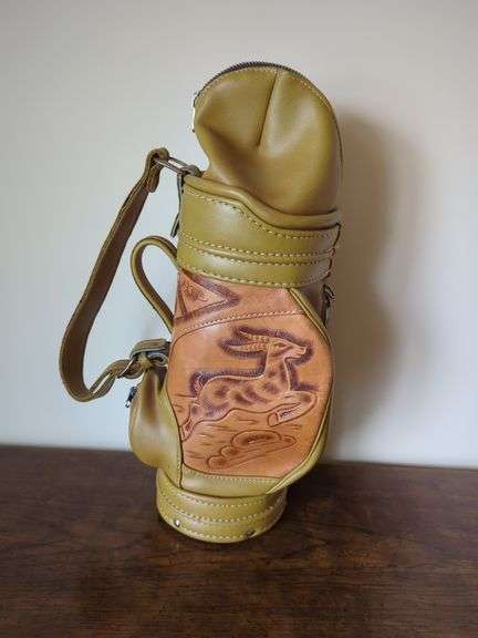 Leather Golf Bag Holds A Bottle of Wine or Liquor - 15" Tall image