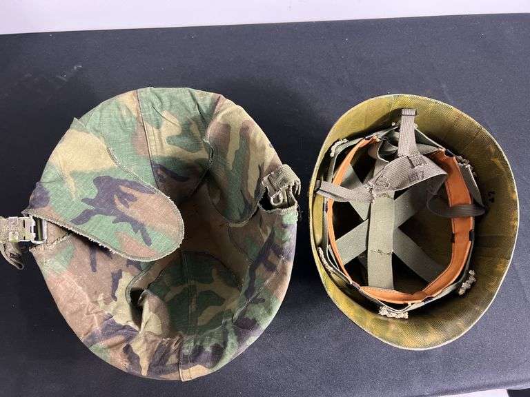 US Military Helmet w/Shell Liner, Camo Cover, & Chinstrap