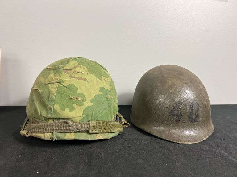 US Military Helmet w/Shell Liner, Camo Cover, & Chinstrap image