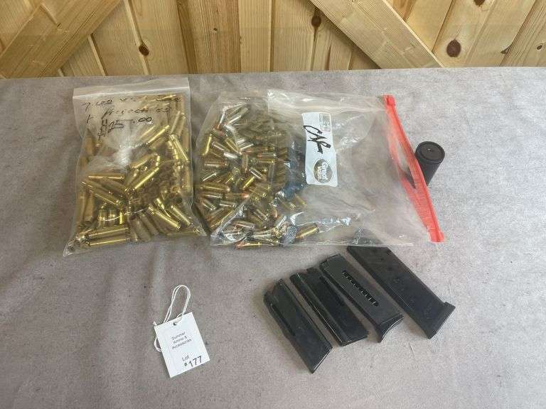 Misc Assortment of 9mm & .45 ACP Ammo, Brass (7.62) & Magazines image