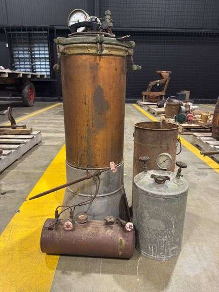 Steam Autoclave, Vintage blow torch or soldering lamp, pressure tank with swan, and Tall 5gl pail image