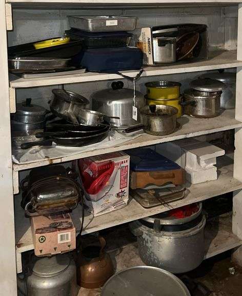 Shelf of Assorted Pots, Pans, and Misc. Kitchen Items image