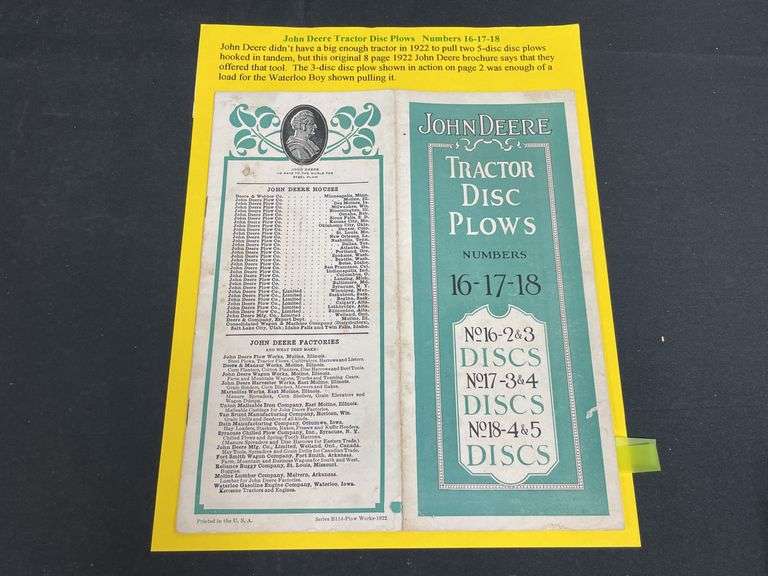 1922 John Deere Tractor Disc Plows Sales Literature image