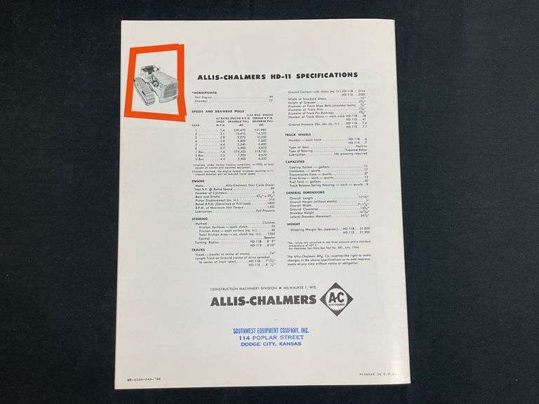 1960 Allis Chalmers HD-11 Crawler Sales Literature