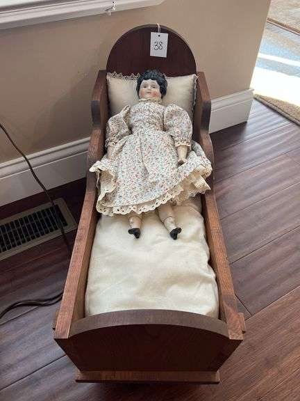 Hand Made Cradle and Porcelain Doll image