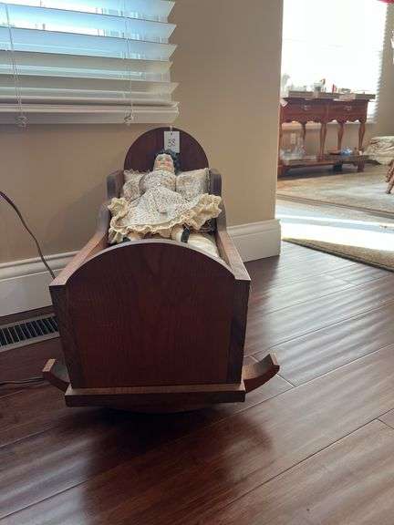 Hand Made Cradle and Porcelain Doll