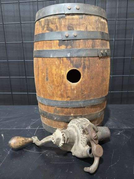 Iron Banded Wood Whiskey/Molasses Barrel Dispenser w Spigot Crank Tap image