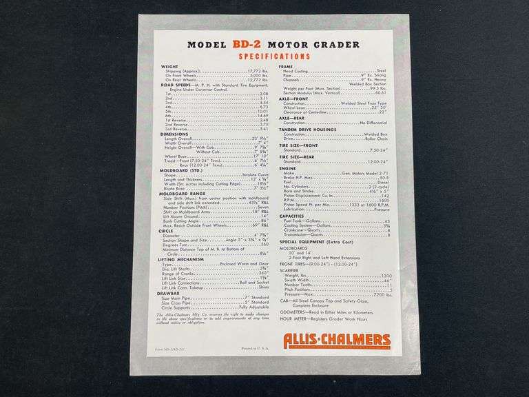 Allis Chalmers BD-2 Motor Grader Sales Literature