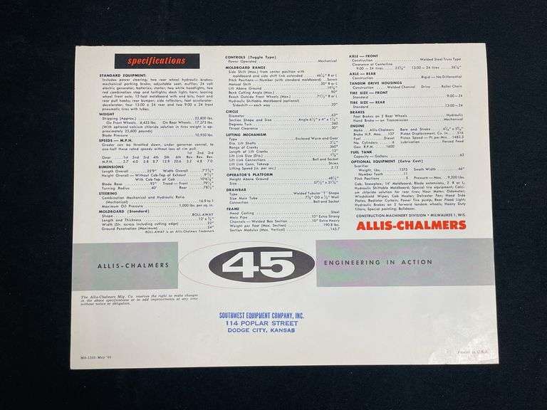1960 Allis Chalmers 45 Motor Grader Sales Literature