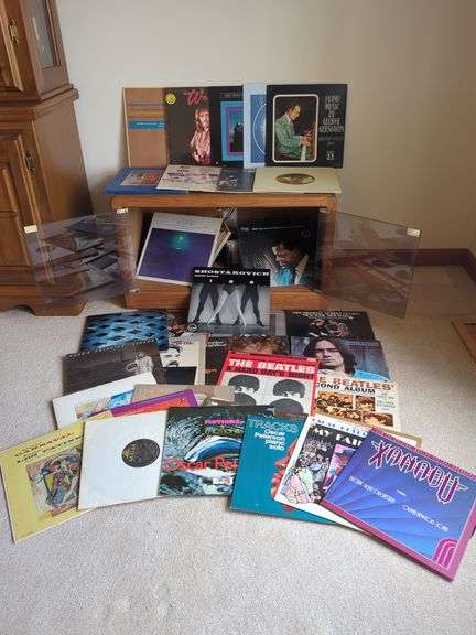 Stereo Cabinet with Assorted Records - Beatles/Xanadu/Liza Minnelli image
