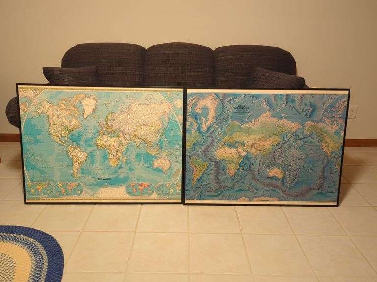 (2) National Geographic - World Map and Ocean Floor - 41" x 31" image
