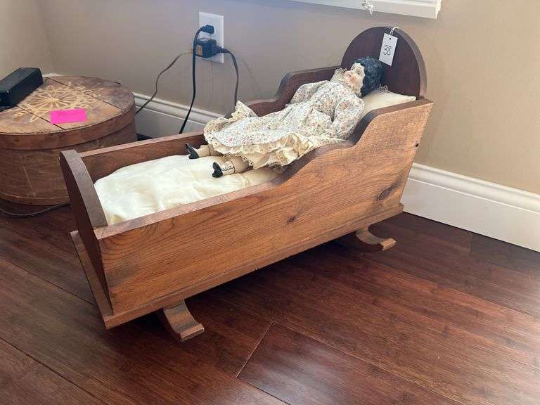 Hand Made Cradle and Porcelain Doll