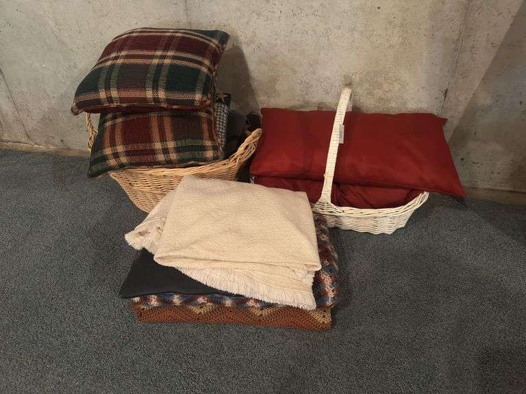 Assorted Decorative Pillows, Blankets, and Baskets image