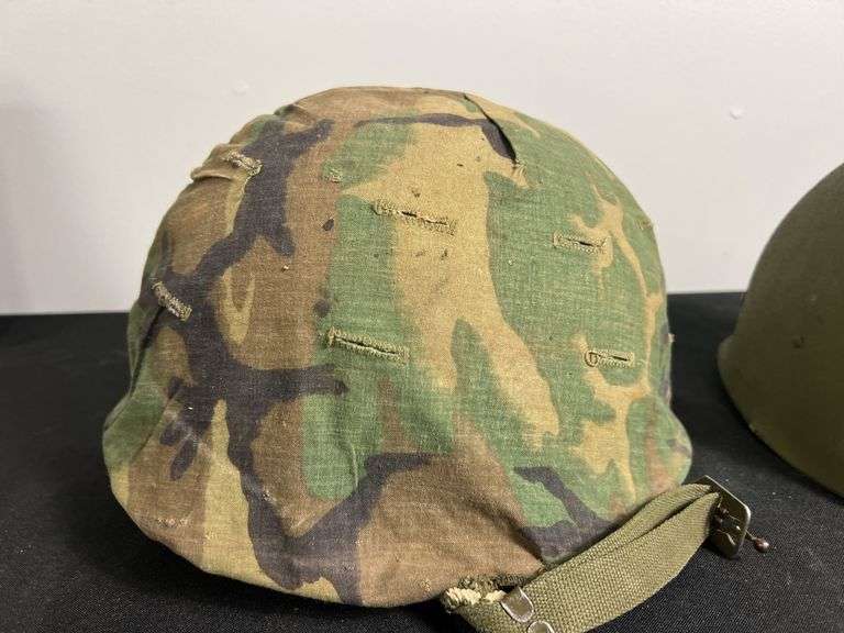 US Military Helmet w/Shell Liner, Camo Cover, & Chinstrap