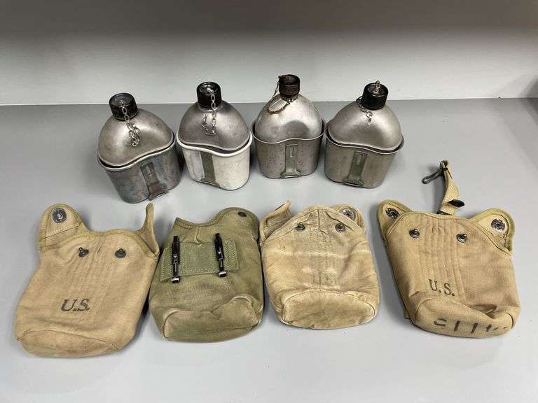 (4)-US WW2 Canteens w/Cups and Covers