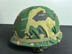US Military Helmet w/Shell Liner, Chinstrap, & Camo Cover