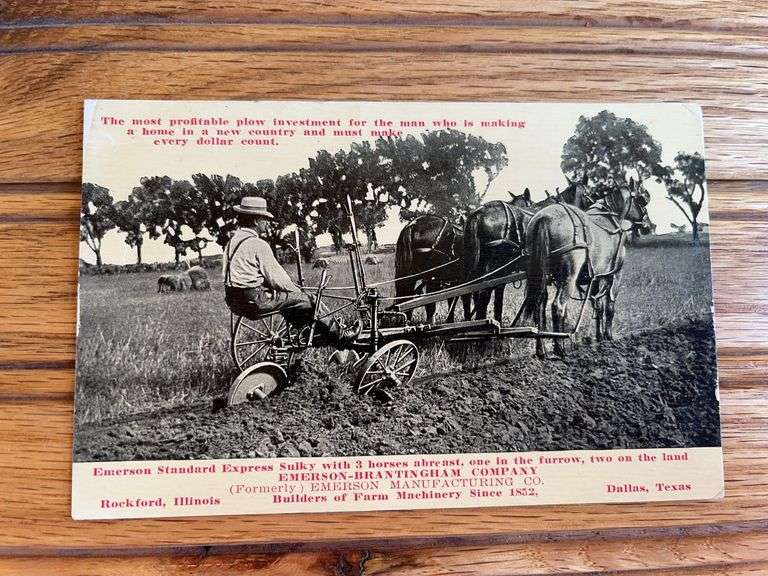 Emerson Brantingham Sulky Plow Postcard image