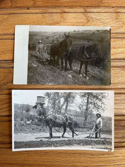 (2) Horse Drawn Walking Plow Photo Postcard + Photo image