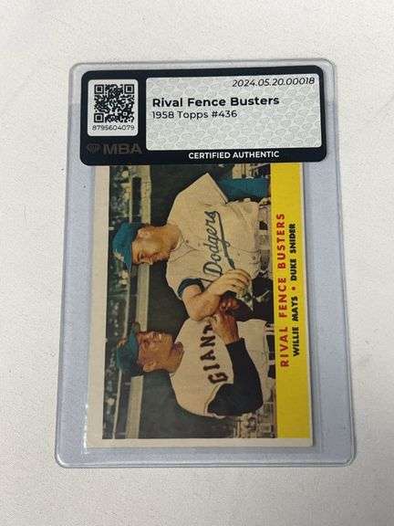 1958 Topps #436 Fence Busters Willie Mays/Snider MBA Certified Authentic image