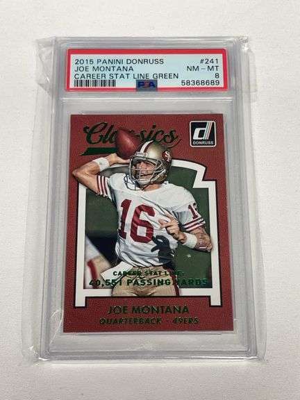 2015 Donruss #241 Joe Montana Career Stat Line Green Graded PSA 8 image