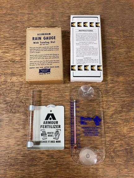 (2) Armour Fertilizer Rain Gauge + Master Mix Thermometer NIB image