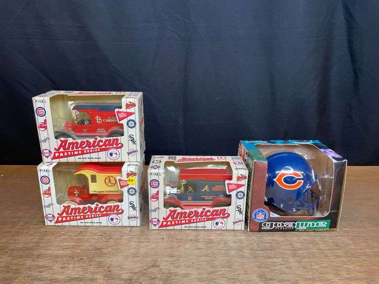 (4) Baseball Truck Banks + Football Helmet NIB image