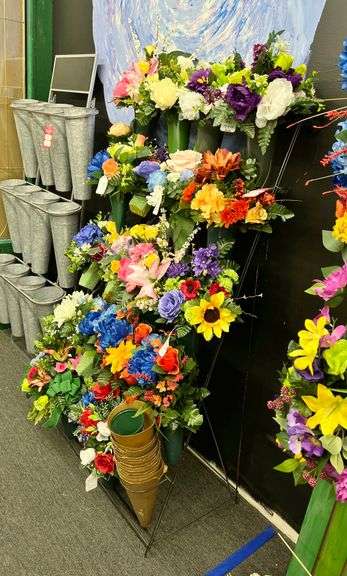 Store Fixtures - Wire Flower Bucket Display with Silk Cemetary Pieces - New