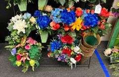 Store Fixtures - Wire Flower Bucket Display with Silk Cemetary Pieces - New