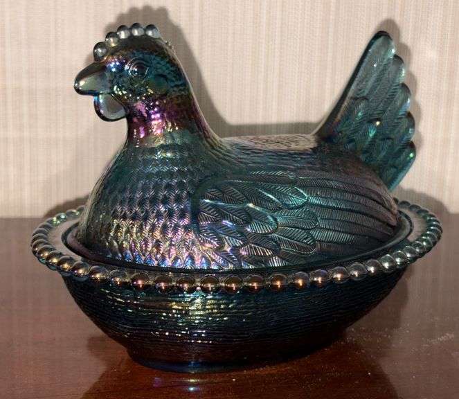 Iridescent Blue Hen on Nest Carnival Glass image
