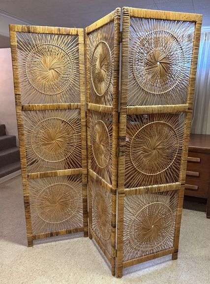 Mid-Century Modern Sunburst Wicker/Rattan Privacy Screen image