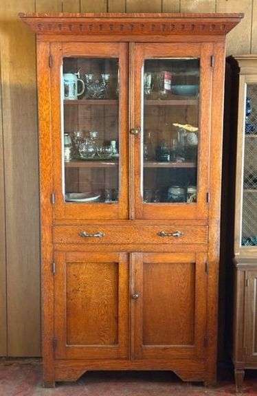 Antique Tiger Oak Glass Front Cupboard image