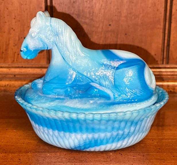 Vintage Blue Swirl Slag Glass Horse on Straw Candy Dish image