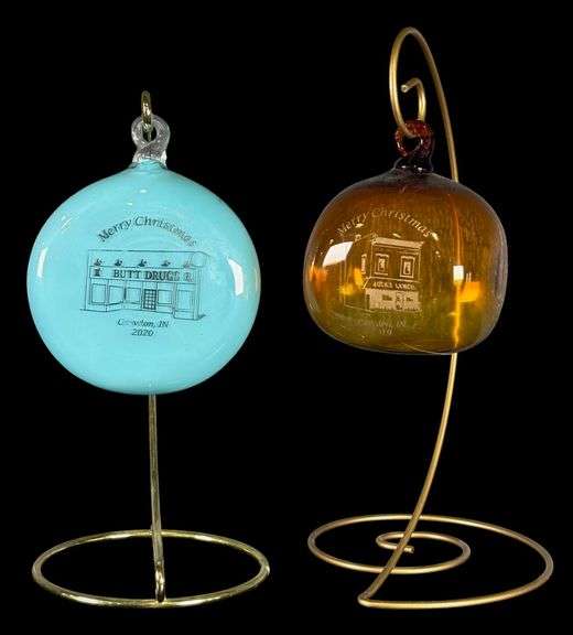 Zimmerman Art Glass Jock's Lunch 2019 & Butt Drugs 2020 Christmas Ornaments image