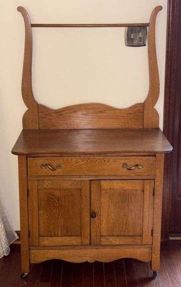 Vintage Oak Wash Stand with Towel Rack image