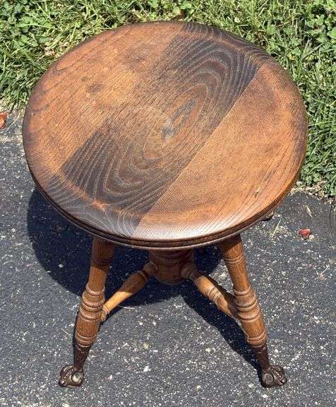 Early Oak Organ Stool with Glass Ball & Claw Feet