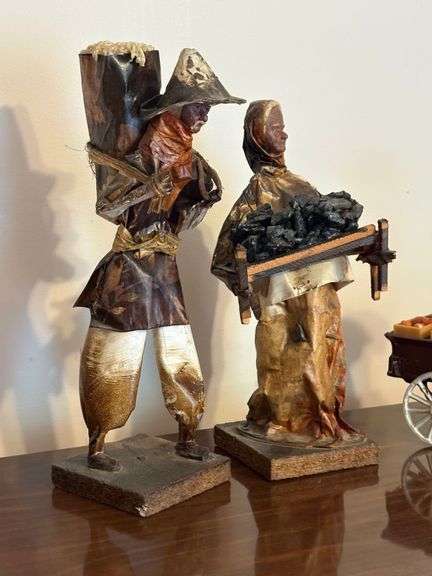 Paper Mache Folk Art & Cast Iron Horse-Drawn Wagon