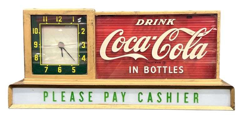 1940s Drink Coca-Cola In Bottles "Please Pay Cashier" Metal Counter Lighted Clock and Sign Display