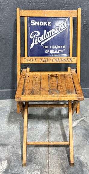 1930s Piedmont Cigarette Porcelain Backed Wooden Folding Chair
