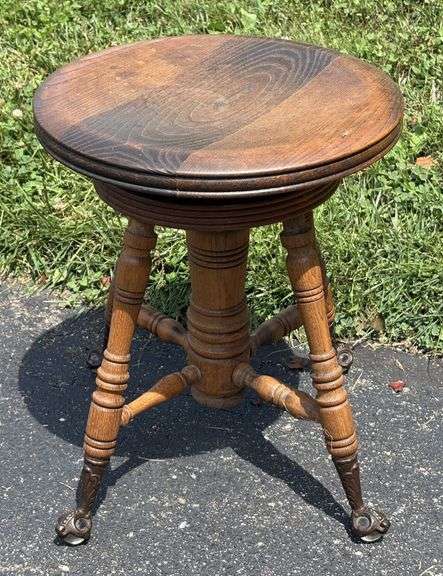 Early Oak Organ Stool with Glass Ball & Claw Feet
