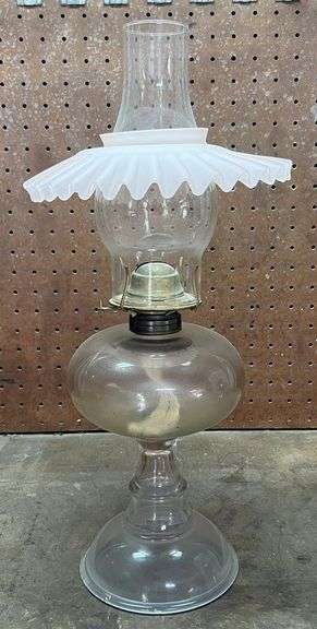 Vintage Oil Lamp with Pink Fluted Satin Shade