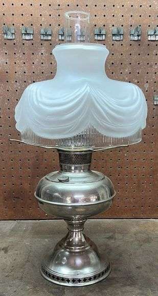 Early Nickel Plated Oil Lamp with Shade