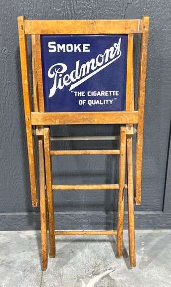 1930s Piedmont Cigarette Porcelain Backed Wooden Folding Chair