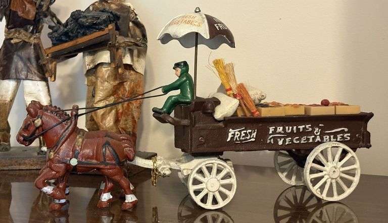 Paper Mache Folk Art & Cast Iron Horse-Drawn Wagon
