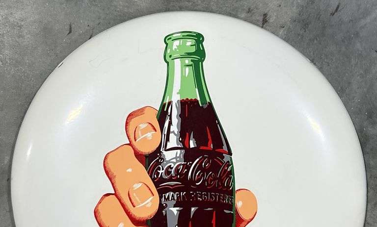 Coca-Cola "Bottle in Hand" Metal Button Sign