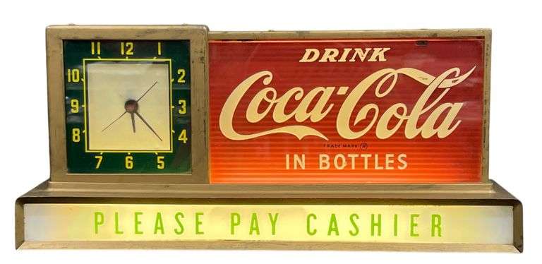 1940s Drink Coca-Cola In Bottles "Please Pay Cashier" Metal Counter Lighted Clock and Sign Display image